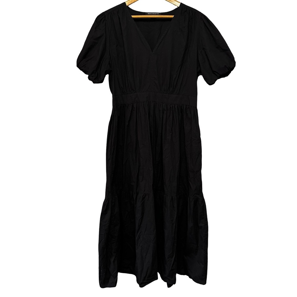 French Connection Black Tiered Midi XL Puffed Sleeve Dress